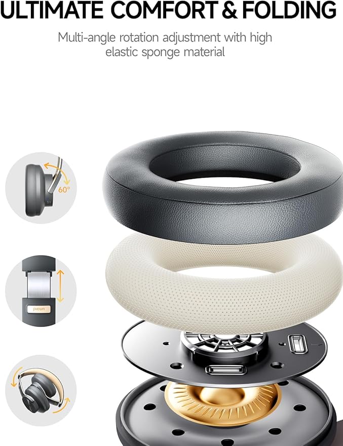 Picun B8 Bluetooth Headphones, 120H Playtime Headphones Wireless Bluetooth with 3 EQ Modes, Low Latency, Hands-Free Calls, Over Ear Headphones for Travel Home Office Cellphone PC (Ashen Golden)