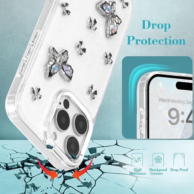 EYZUTAK Case for iPhone 17 Pro, Bling Glitter 3D Butterflies Bowknot Phone Case Cute Crystal Clear Bow Aesthetic Cover Slim Soft Durable TPU Transparent Protective Cover for Women Girls - Butterfly