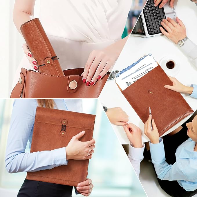 Brown PU Leather File Folder for Documents,Important Document Folder with String Tie,Laptop Sleeve Notebook Case,Leather File Organizer,A4 Envelopes Filing Folder 3PCS