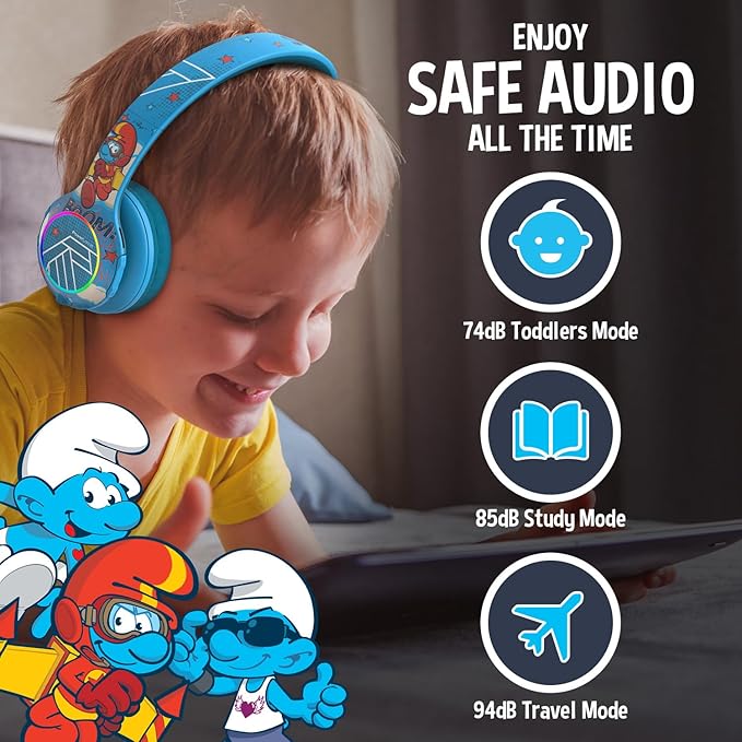 PowerLocus The Smurfs Kids Headphones, Bluetooth Headphones Over Ear for Kids with LED Lights, 74/85/94dB Volume Limited, Micro SD/TF, Foldable with Hi-Fi Stereo, Built-in Mic for School/Tablet/Travel
