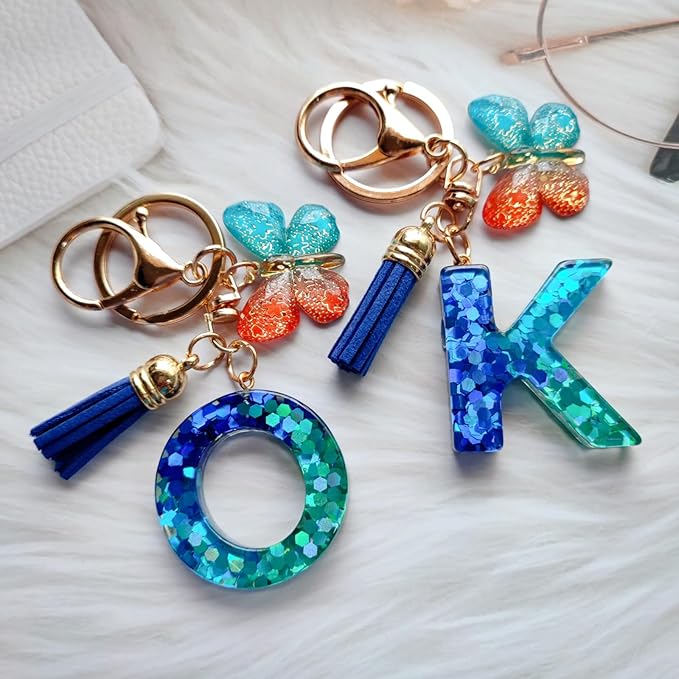 Cute Initial Letter Keychains for Women Girls Tassel Butterfly Pink Purple Green Keychain for Backpack School Bag