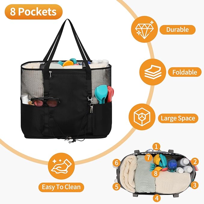 Mesh Beach Bag, Extra Large Beach Bags for Women, Lightweight Foldable Sandproof Tote Bag for Family & Vacation