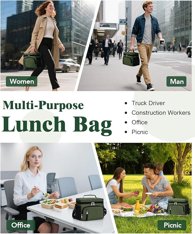 Insulated Lunch Bag for Men & Women - Leakproof Lunch Box Soft Cooler Tote, Adjustable Strap, Reusable Lunch Box for Work Office Picnic Beach Travel-Green