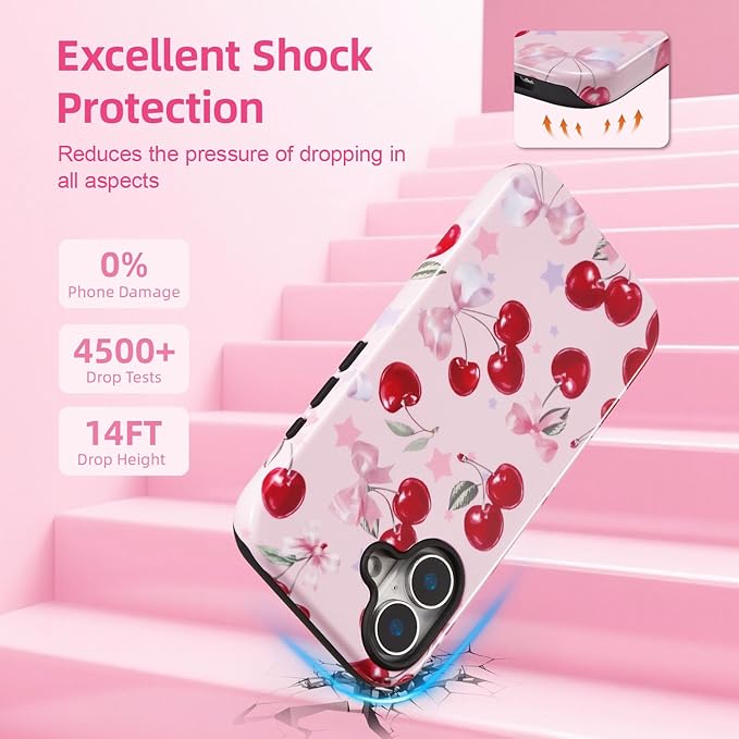 QLTYPRI Case for iPhone 16, Aesthetic Cute Pink Cherry Bow Phone Case for Girls Women, Protective Hybrid 2-Layer Hard Shell Silicone Cover Durable Shockproof Phone Cover - Pink
