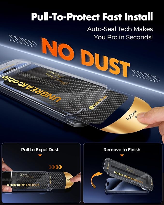 UNBREAKcable Screen Protector for iPhone 15 Pro Max, Pull-To-Protect Easy Installation, Auto Dust-Elimination, 9H+ Military-Grade Tempered Glass, Bubble-Free, Case Friendly, HD Clear, 6.7 Inch, 2 Pack