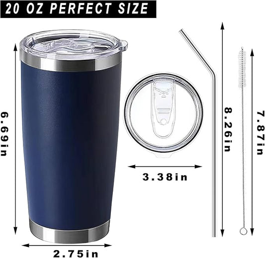20oz insulted tumblers stainless steel cup Tumbler Bulk with push Lid, and metal straw powder coated coffee cup for cold and hot drinking (12, navy blue)