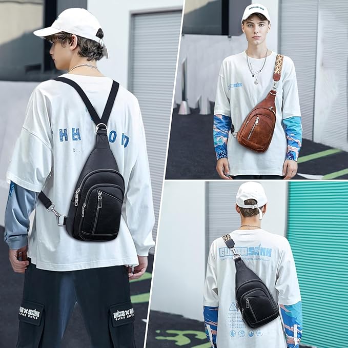 Sling Bag Crossbody Backpack - 2 in 1 Leather Cross Body Bag Fanny Pack with 2 Removable Straps