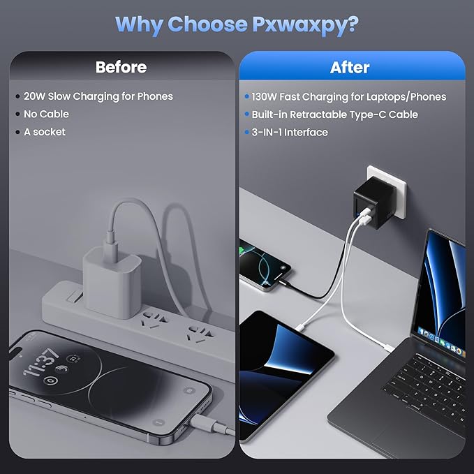 130W USB C Charger Built-in Retractable Cable,Upgraded GaN IV 3 in 1 Fast Charging Station Foldable Plug Wall Charger,PD PPS 65W Laptop Adapter for MacBook Pro/Air,iPad,iPhone 16/Pro,Galaxy S25,Dell