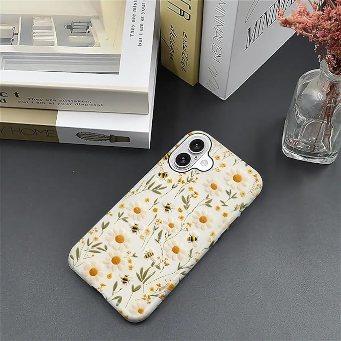 Case for iPhone 16 Case,Bees Sunflowers Design - Hybrid Dual Protection Silicone + Hard PC Shockproof Full Body Cover Slim Anti-Scratch Protective Case for Men Women