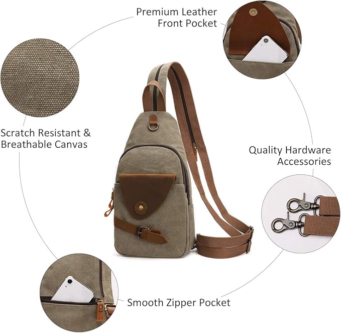 KL928 Canvas Sling Bag Crossbody Backpack Shoulder Casual Rucksack for Men Women,Olive Green