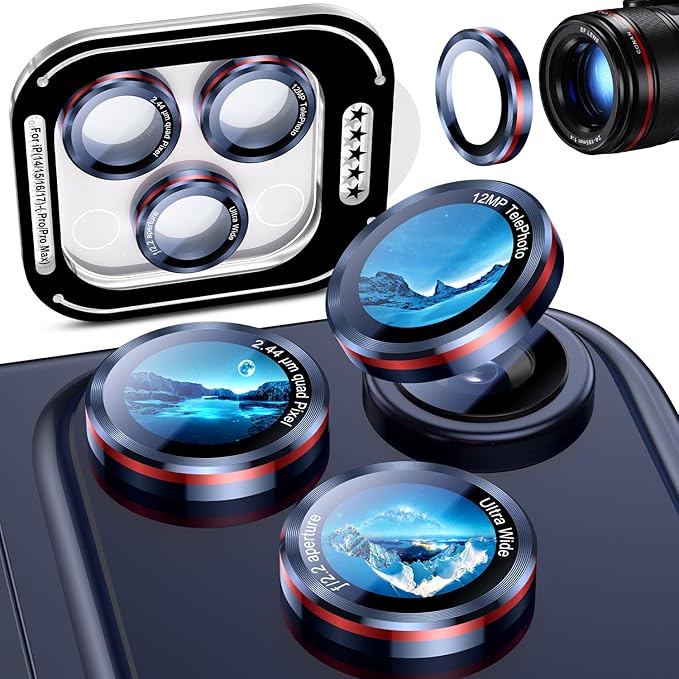 Uyiton for iPhone 17 Pro Max/17 Pro/16 Pro Max/16 Pro/15 Pro Max/15 Pro/14 Pro Max/14 Pro Camera Lens Protector - Military-Grade Tempered Glass Metal Camera Cover, Easy to Install, Blue+Red
