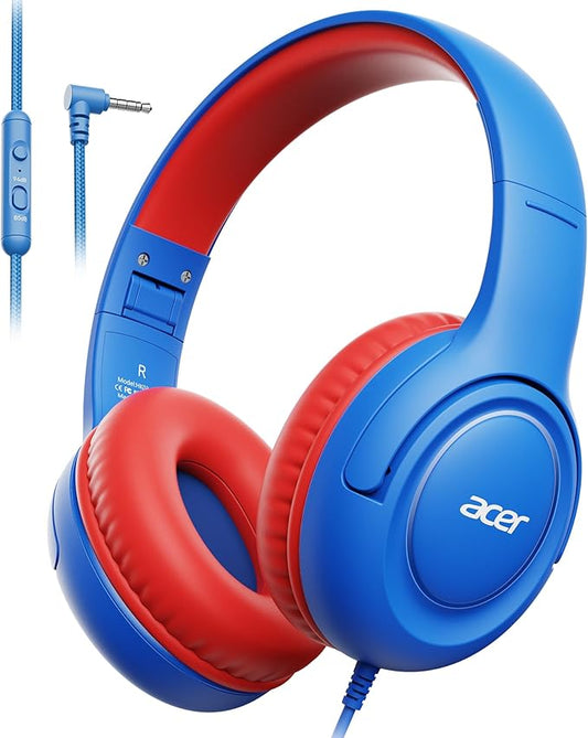 acer Kids Headphones Wired for School - Over-Ear 85/94dB Volume Limiter, 3.5mm Jack Foldable Stereo Sound Headset for Toddlers Girls Boys Travel Learning Entertainment Tablet Kindle iPad PC,Blue Red
