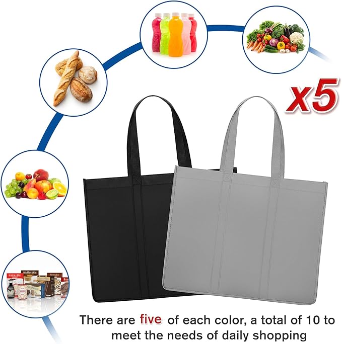 WISELIFE Reusable Grocery Shopping Bags 10 Pack Large Foldable Tote Bags Bulk, Eco Produce Bags with Long Handle for Shopping Groceries Clothes (Grey&Black)