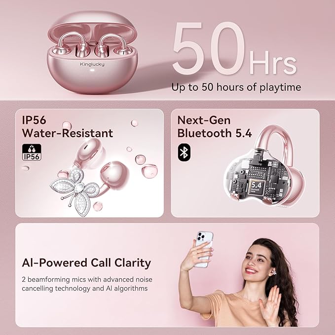 Kinglucky Jewelry-Inspired Clip-On Earbuds with Butterfly Earrings, Comfortable Fit & 50H Playtime Open Ear Bluetooth 5.4 Wireless Headphones for Women Gifts, Small Ears, Sports & Workouts (Rose Gold)