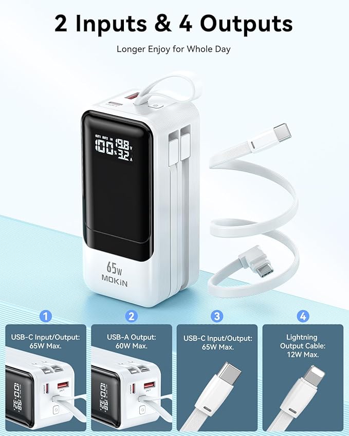 Portable Charger, 65W Power Bank Fast Charging, USB C Battery Pack with Built in Cable, 4 Outputs Powerbank, Travel Essentials Compatible with iPhone 17 16 15 14 13 iPad MacBook Pro Samsung Dell XPS