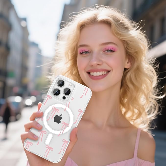 ZTOFERA for iPhone 13 Pro Magnetic Case Clear,Cute Love Heart Ribbon Bow Tie Aesthetic Phone Case,Transparent Trendy Slim Soft Shockproof Protective Phone Cover for Women Girls,Pastel Pink