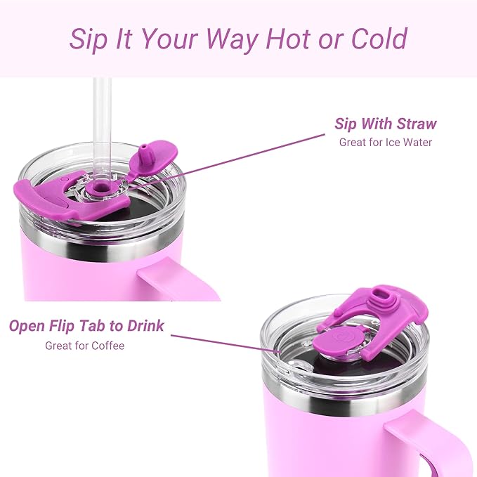 Drinco 40oz 30 oz Tumbler with Handle, Straw Lid, Insulated Stainless Steel Travel Mug Water Bottle Ice Coffee Cup For Cold and Hot, BigSur (40oz, Lavender)