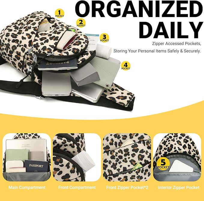 Crossbody Bags for Women, Sling Bag for Men, Small Hiking Backpack Anti Theft Lightweight for Outdoors Travel (M, Leopard）