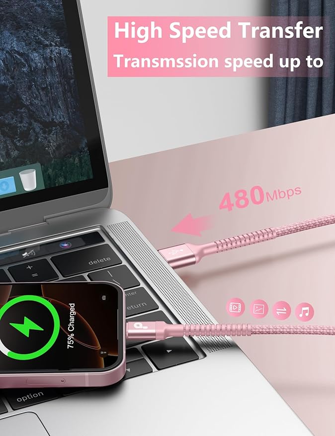 iPhone 16 USB C Cable Fast Charging [2 Pack, 6FT], USB A to USB C Charger Cord, Upgraded Extra Durable Braided USBC Cable Compatible with iPhone 17 16 15 Pro Max, LG and More-Pink