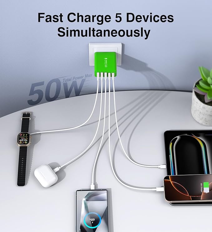 [2-Pack] USB C Wall Charger, 50W Fast USB C Charger Block, 5-Port PD Power Adapter + QC Wall Plug Multiport Type C Charging Block Cube Compatible with iPhone 16 15 14 13 12 11 Pro Max XR XS, Green
