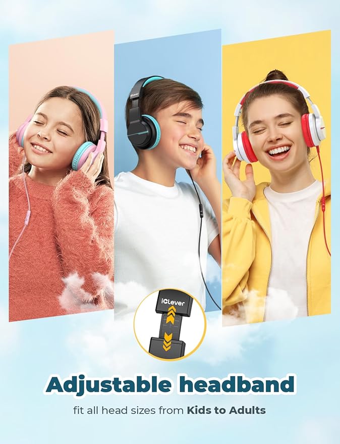 iClever HS19 Kids Headphones with Microphone for School, Volume Limiter 74/85dBA, Over-Ear Girls Boys Headphones for Kids with Shareport, Foldable Wired for iPad/Travel (Black)