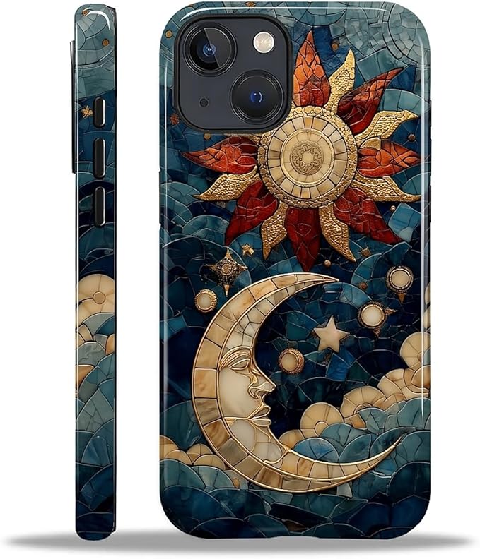 Case for iPhone 14 Plus Case,Sun Moon Stars Faux Stained Glass Design Hybrid Dual Protection Silicone + Hard PC Shockproof Full Body Cover Slim Anti-Scratch Protective Case for Men Women