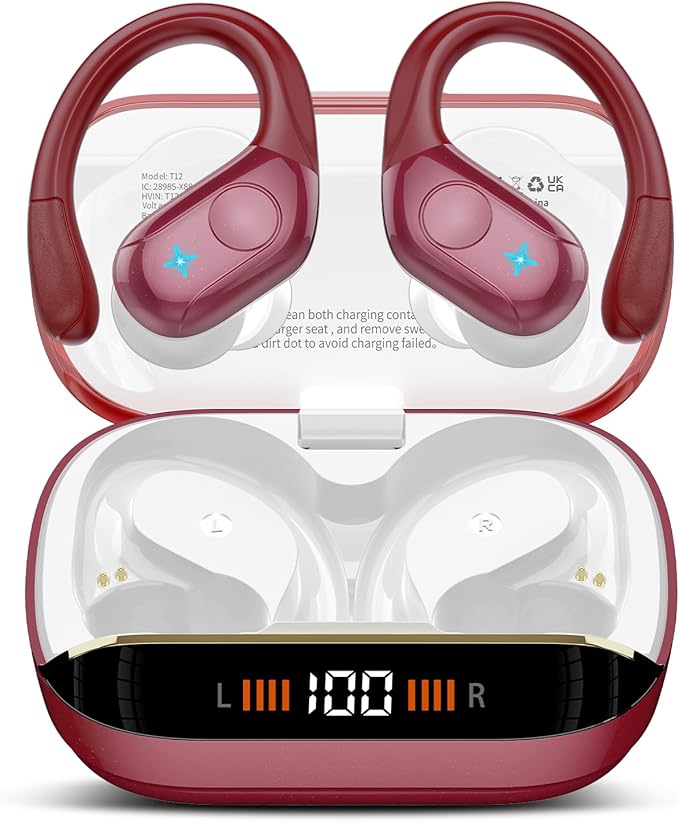 Wireless Earbuds Bluetooth 5.4 Headphones 75H Stereo Deep Bass Sports Over Ear Buds with Earhooks, LED Display Bluetooth Earbuds with 4 ENC Mic, IP7 Waterproof Earphone for Running, Red
