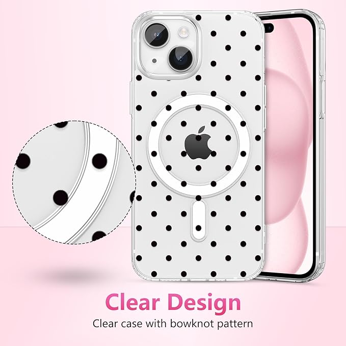 ZTOFERA Magnetic for iPhone 14 Plus/15 Plus Case,Cute Polka Dot Phone Case Aesthetic Striped Clear Trendy Slim Soft Shockproof Protective Phone Cover for Women Girls, Black Dot
