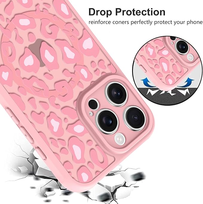 KANGHAR Case for iPhone 16 Pro Max Pink Leopard Printed Pattern Cute Cheetah [Compatible with Magsafe] Protective Magnetic Case for Girls Women 6.9"