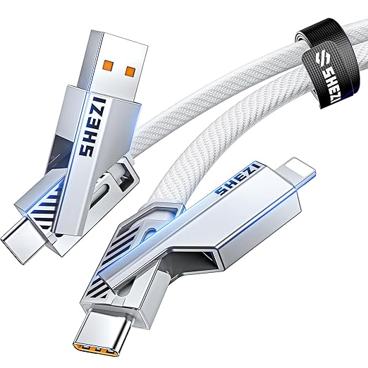 SHEZI [Upgraded 2.0] 4-in-1 USB C Cable 60W 5FT Fast Charging [480Mbps Data Sync] Flat Nylon Braided Charger Cord Combo, USB A/C to C/L Multi Charge Cable for iPhone/iPad & Most Devices, Silver