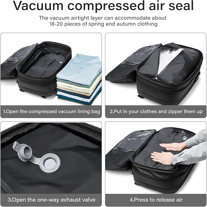 Travel Backpack with Vacuum System,60L Expandable Vacuum Backpack Travel with TSA Lock,17.3 inch Laptop Backpacks Vacpack Backpacks with Vacuum(Black,No Air Pump)