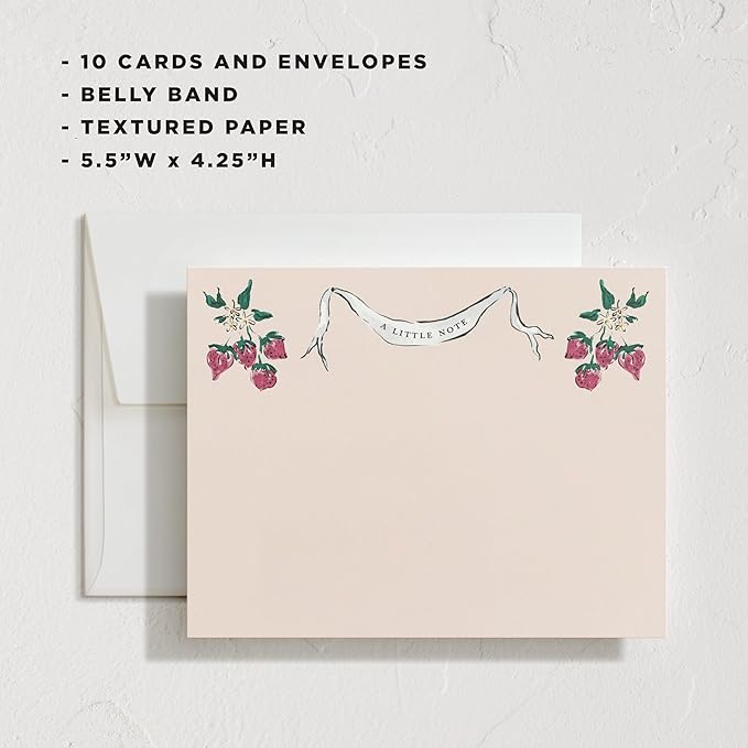 Minted Strawberry Queen Stationery Set, Set of 10, Flat Note Cards & Envelopes for Invitiations and Handwritten Thank You Messages, Strawberries & Vintage Banner, Gifts for Women, Luxurious Paper
