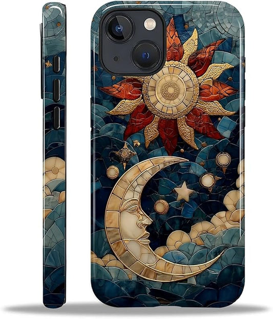 Case for iPhone 13 iPhone 14 Case,Sun Moon Stars Faux Stained Glass Design Hybrid Dual Protection Silicone + Hard PC Shockproof Full Body Cover,Slim Anti-Scratch Protective for Men Women