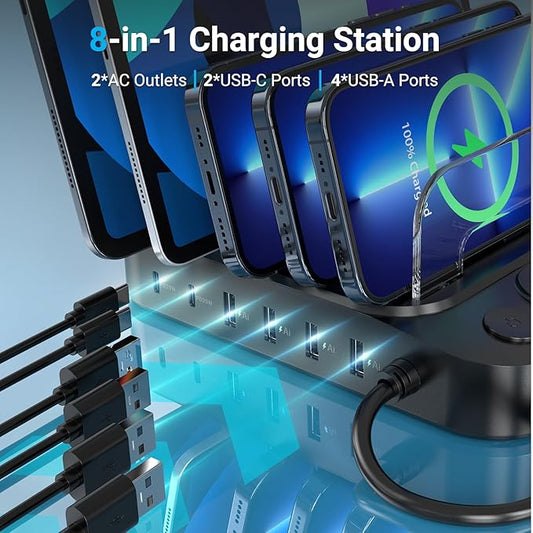 Catlyn Charging Station for Multiple Devices, 8 Port Charger Stations with 6 Mixed Charger Cables Organizer Dock,Compatible for Cell Phone,Tablet, Kindle, iPhone iPad for Family Home Office（Black）