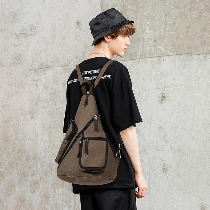 KL928 Canvas Sling Bag - Casual Crossbody Shoulder Daypack Rucksack Backpack for Men Women, Brown