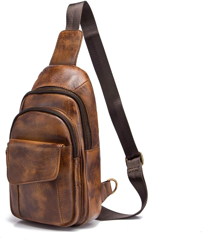 Le'aokuu Men Outdoor Casual Travel Hiking Tea Crossbody Chest Sling Bag Rig One Shoulder Strap Bag Backpack Men Leather