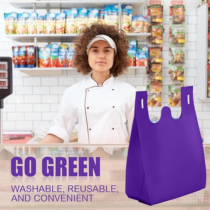 Windyun Large Grocery T-shirt Bags Bulk Reusable Non Woven Shopping Bag Foldable Gift Tote with Handle, 21x11x6 Inch