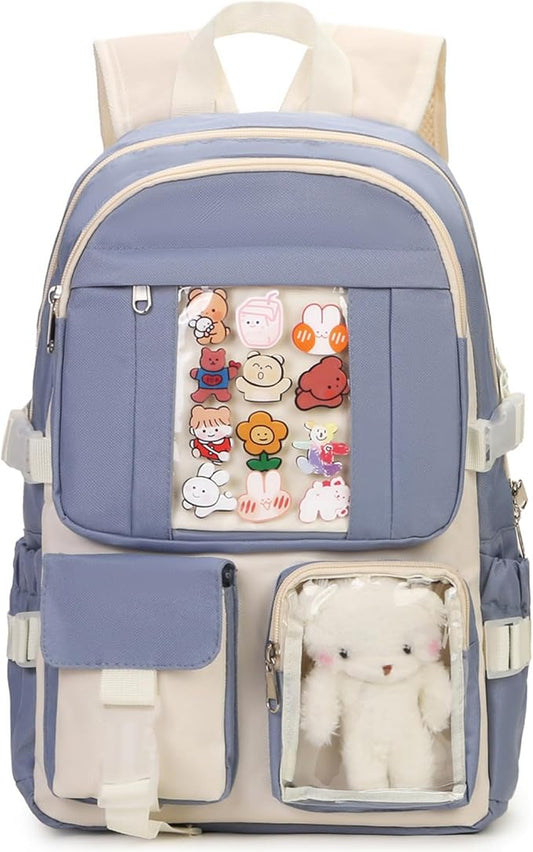 Kawaii Backpack for Teen Girls, Cute Aesthetic High Middle School College Bookbag with Accessories, Blue and Beige