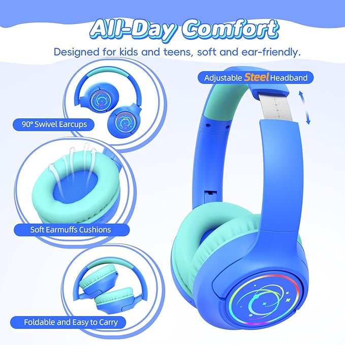 Kids Bluetooth Headphones, 85H Playtime Wireless Headphones for Kids, Colorful LED Lights, 85/94dB Safe Volume Limit, Bluetooth 5.4 Built-in Mic Toddler Headset for Tablet/Airplane/Travel (Blue)