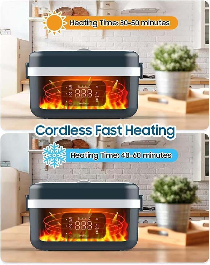 Cordless Electric Lunch Box for Adults, Rechargeable 16000mAh Battery Powered, 60W Self Heating Lunch Box with Smart Reservation and Keep Warm Function for Car/Truck/Office/Travel