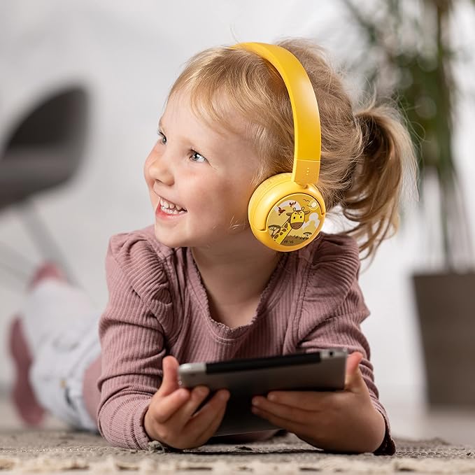 BuddyPhones POP Fun | Foldable Bluetooth Kids Headphones + Microphone, Works Wired or Wireless - SafeAudio Volume Limiting for iPhone/iPad/Tablet/PC and More (Yellow)