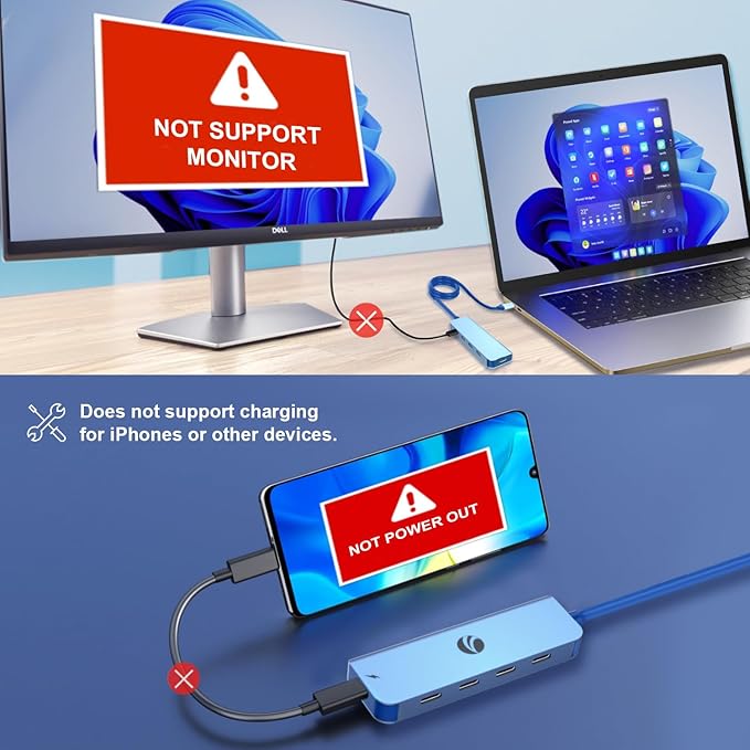 VCOM 10Gbps USB C Hub，5 Ports USB Splitter with 100W Power Delivery，Portable USB C Multiport Adapter Compatible with MacBook Pro/Air, Surface Pro, Dell, HP, Microsoft, Not Support Monitor (Blue)
