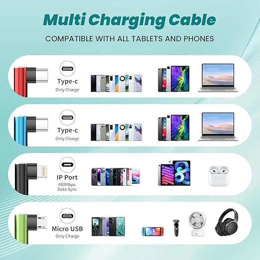 Travel Essentials 90 Degree Multi Charging Cable [2Pack 5FT], Right Angle 4 in 1 Charging Cable, USB Cable Charging Cords with IP/Type C/Type C/Micro Port, Compatible with Most Cell Phones and More