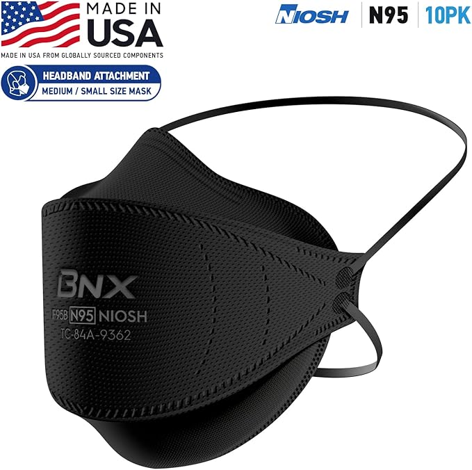 BNX N95 Mask NIOSH Certified MADE IN USA Face Mask, Tri-Fold Cup/Fish Style, 10,20,50-Pack - Black, White (Model F95B,F95W)