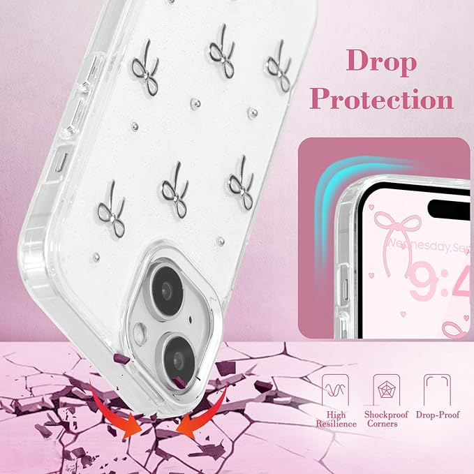 EYZUTAK Case for iPhone 13/iPhone 14, Bling Glitter 3D Bowknot Phone Case Cute Sparkly Crystal Clear Bow Aesthetic Design Case Slim Soft Durable TPU Transparent Protective Cover for Women Girls - Bow