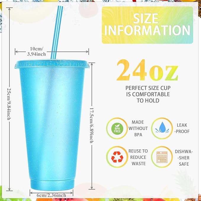 Honeydak 60 Pack Tumbler with Straw and Lid Bulk Glitter Plastic Cups Water Bottle Iced Coffee Travel Mug Reusable Party Favor Cups for Birthdays travel 24-27 oz (Assorted Color)