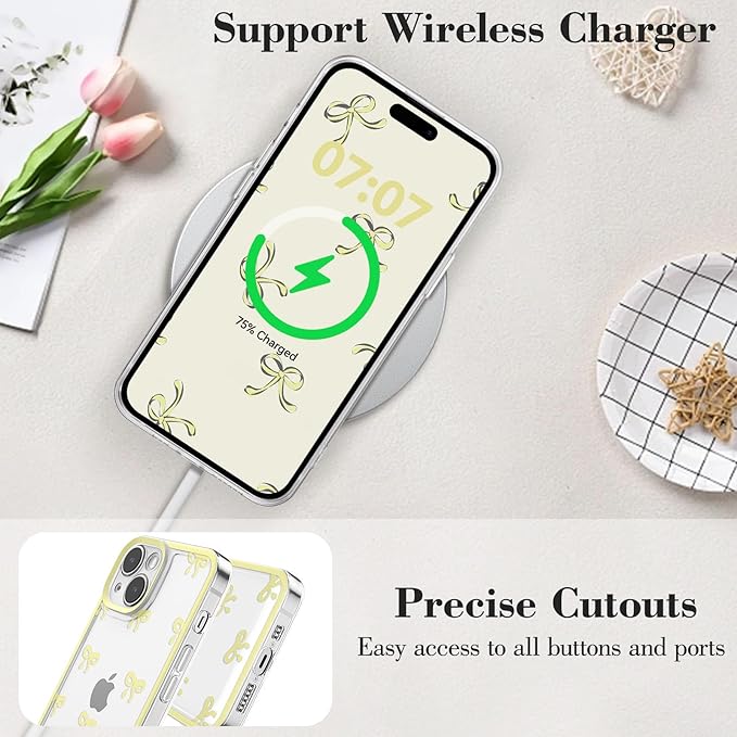 EYZUTAK Case for iPhone 15, Clear Cute Ribbon Bowknot Pattern Aesthetic Transparent Phone Case Raised Camera Protection Stylish Slim Soft Durable TPU Protective Cover for Women Girls - Yellow