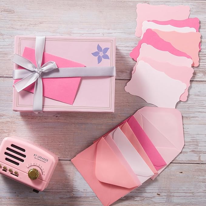 100 Pack Mini Envelopes with Note Cards in 5 Colors for Wedding, Birthday, Baby Showers, 4 x 2.7 Inches (Pink)