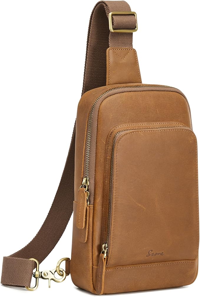 S-ZONE Sling Bag for Men Women RFID Blocking Top Grain Leather Crossbody Shoulder Bag Chest Hiking Daypack Travel