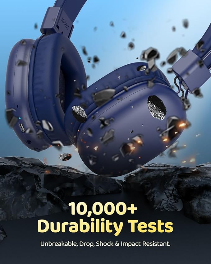 Kids Bluetooth Headphones, Over-Ear Wireless Headphones with Microphone, Safe-Volume 85dBA, Bluetooth 5.4, Foldable Lightweight and Comfortable, 50H Playtime, USB-C Charging, Blue